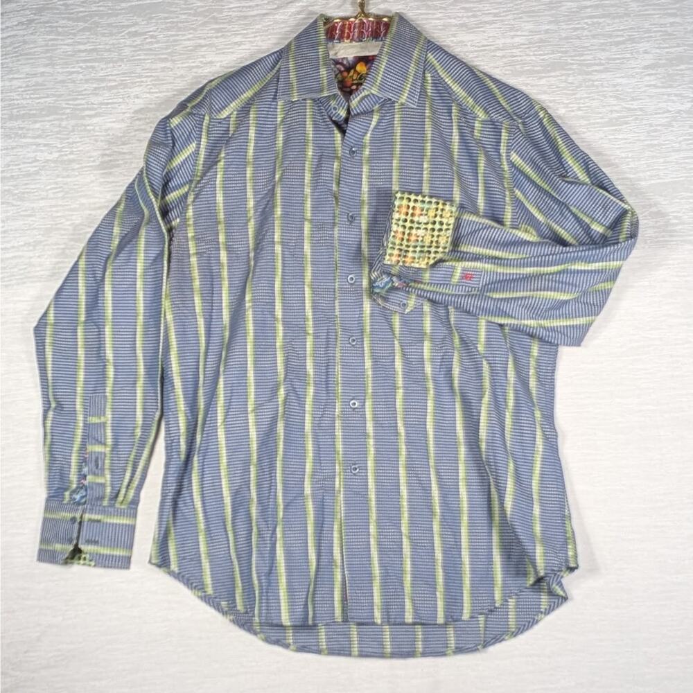 Robert Graham Flip Cuff Button Up Mens Large Green Striped Checked Long Sleeve